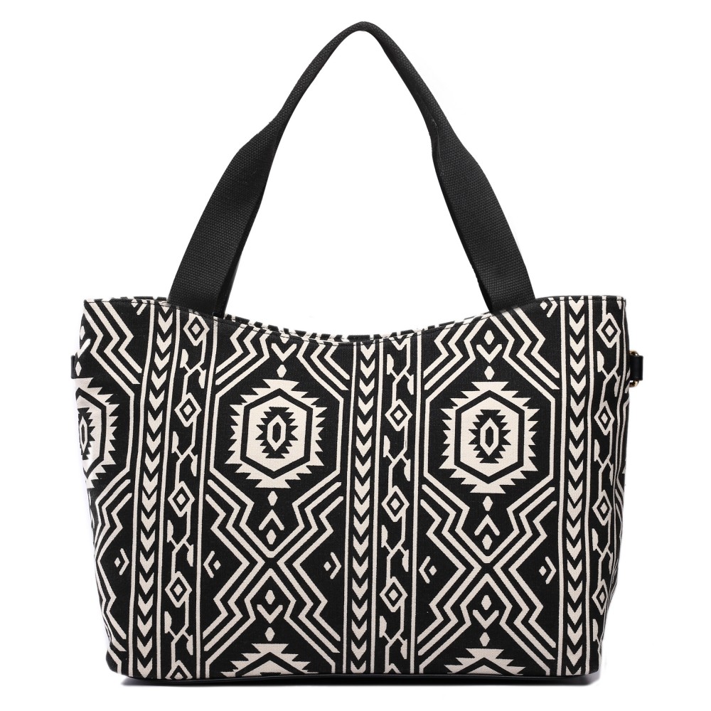 L1515-1AZ - Miss Lulu Fashionable Canvas Aztec Tote Bag Black