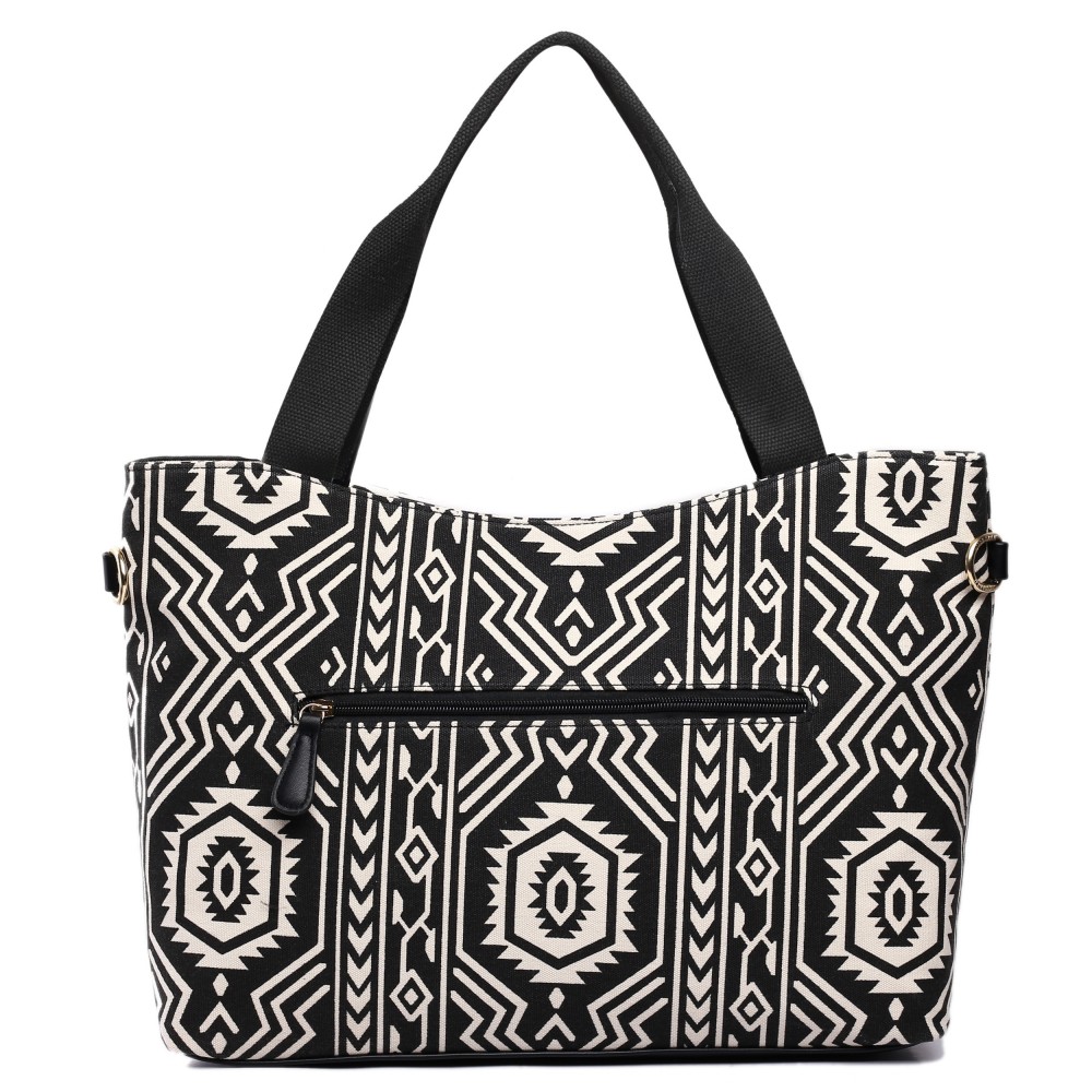 L1515-1AZ - Miss Lulu Fashionable Canvas Aztec Tote Bag Black