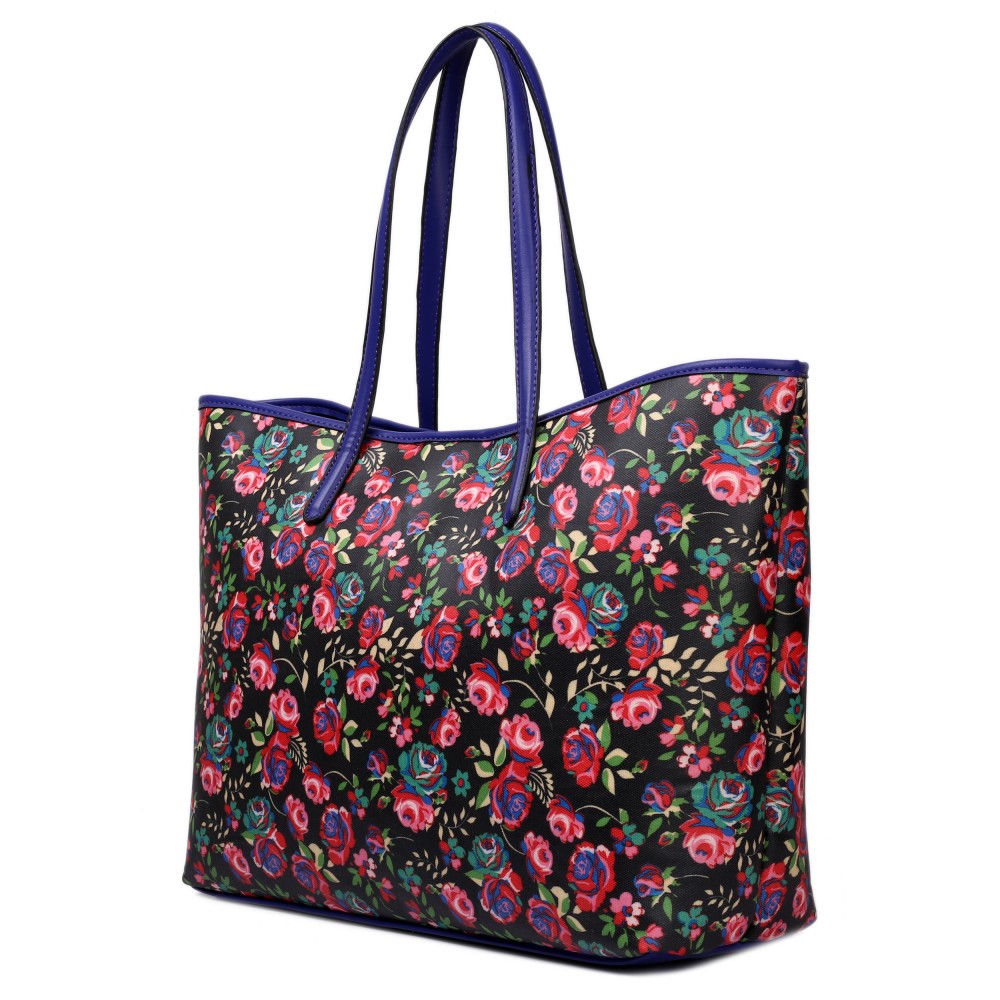 L1516NF Miss Lulu Fashionable Oilcloth Flower Tote Bag Black