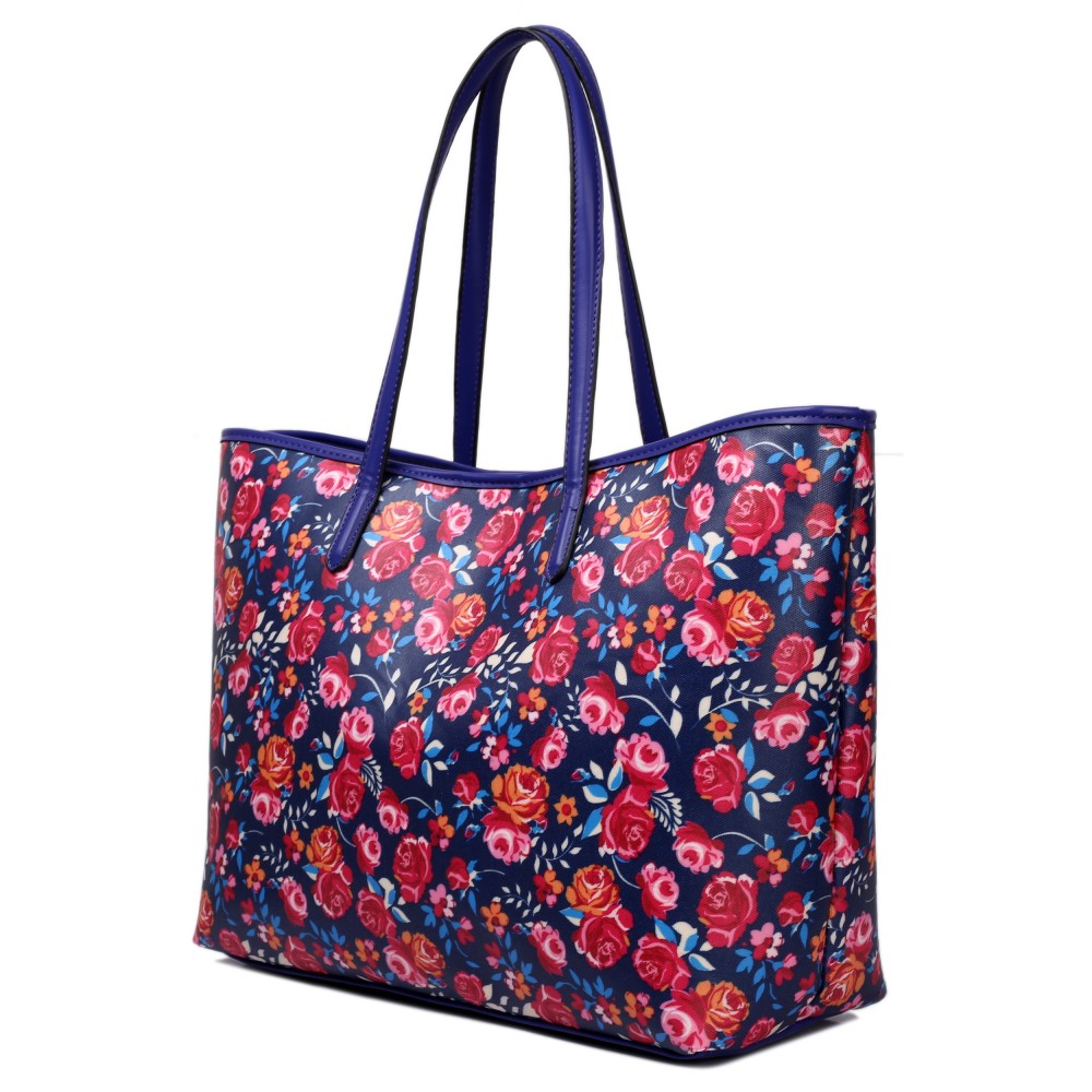 L1516NF Miss Lulu Fashionable Oilcloth Flower Tote Bag Navy