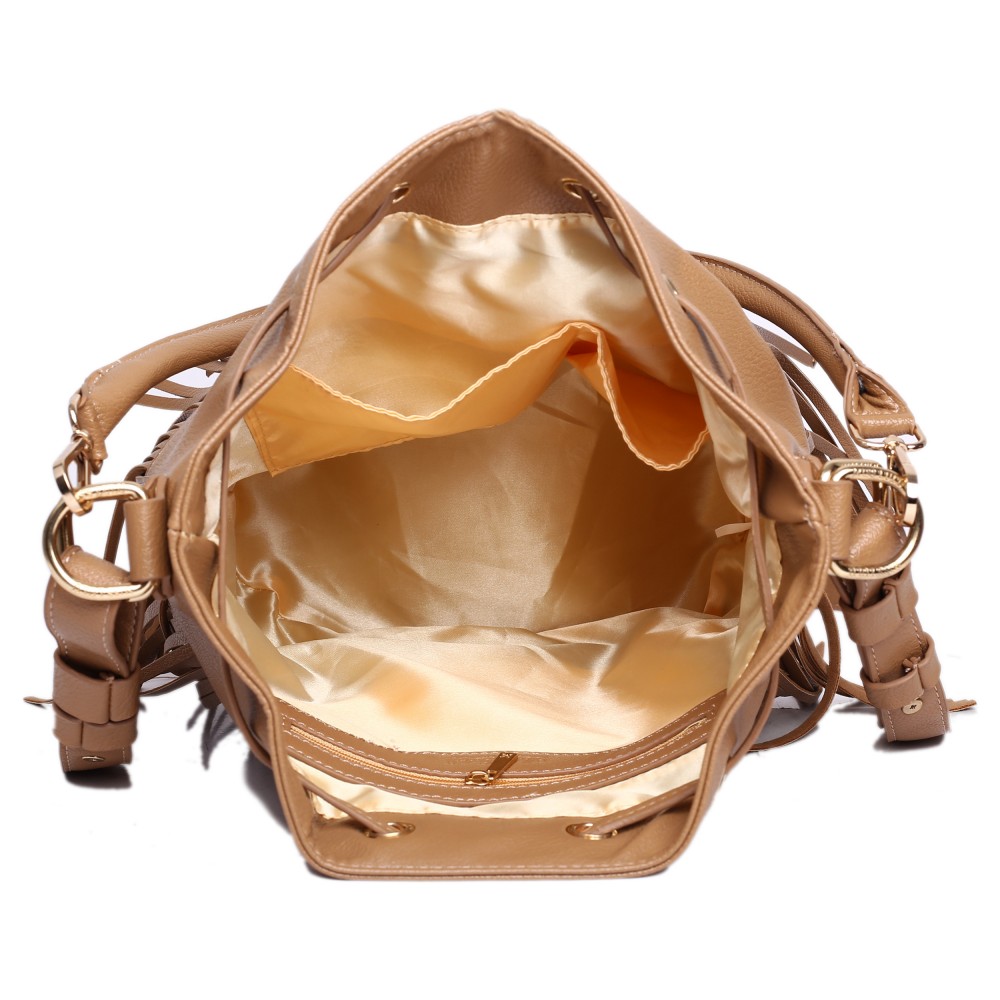 L1524 Miss Lulu Leather Look Drawstring Fringe Shoulder Bag Tan