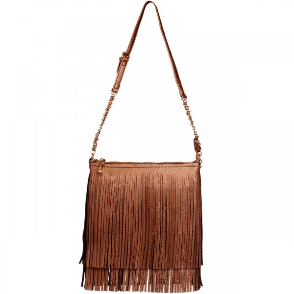 LA1620 - Miss Lulu Leather Look Cross Body Fringe Bag Brown