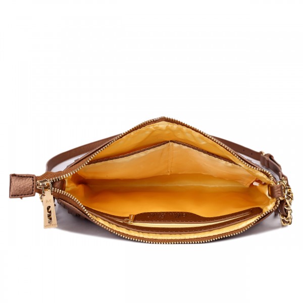 LA1620 - Miss Lulu Leather Look Cross Body Fringe Bag Brown