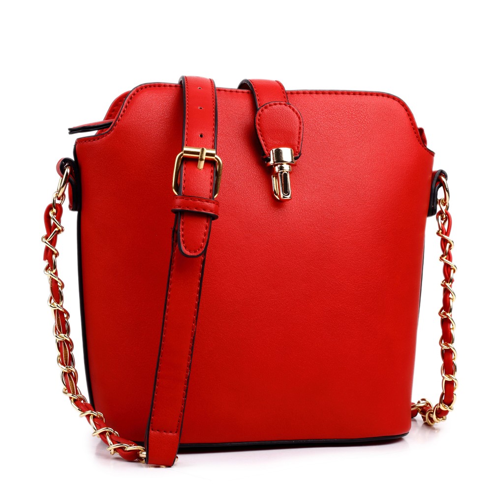 LA1621 - Miss Lulu Leather Look Cross Body Bucket Bag Red