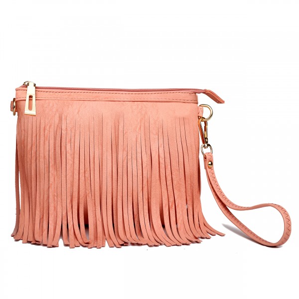 LA1626 - Miss Lulu Leather Look Small Cross Body Fringe Bag Pink