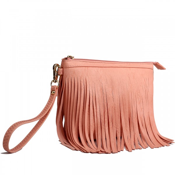 LA1626 - Miss Lulu Leather Look Small Cross Body Fringe Bag Pink