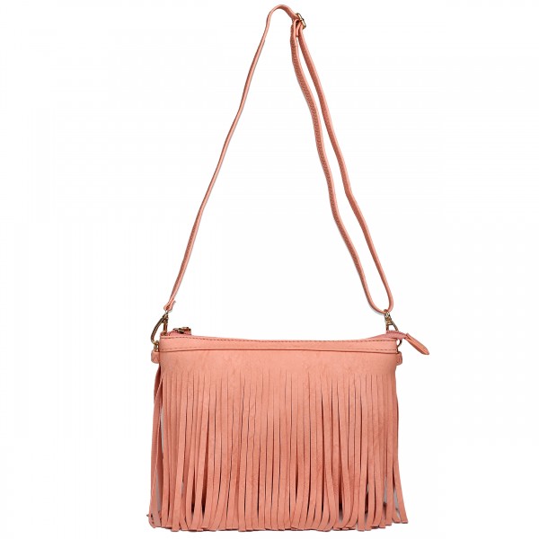 LA1626 - Miss Lulu Leather Look Small Cross Body Fringe Bag Pink