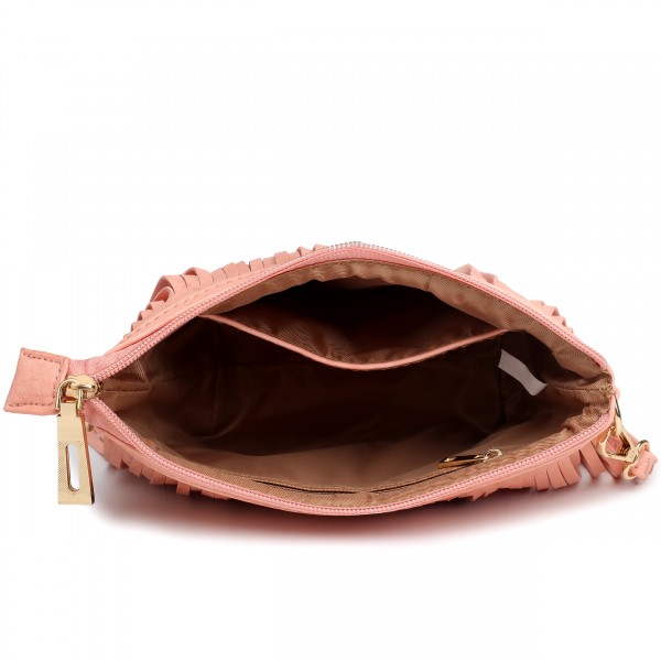 LA1626 - Miss Lulu Leather Look Small Cross Body Fringe Bag Pink
