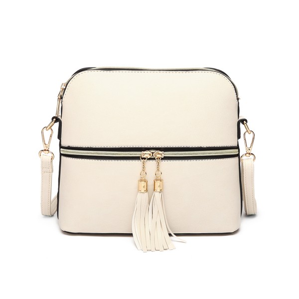 LB1938 - MISS LULU LEATHER LOOK DUAL ZIPPER CROSS BODY BAG - BEIGE