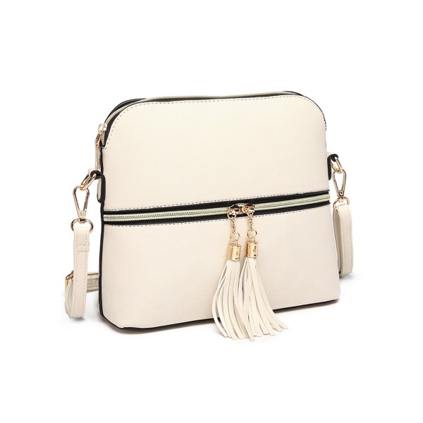 LB1938 - MISS LULU LEATHER LOOK DUAL ZIPPER CROSS BODY BAG - BEIGE