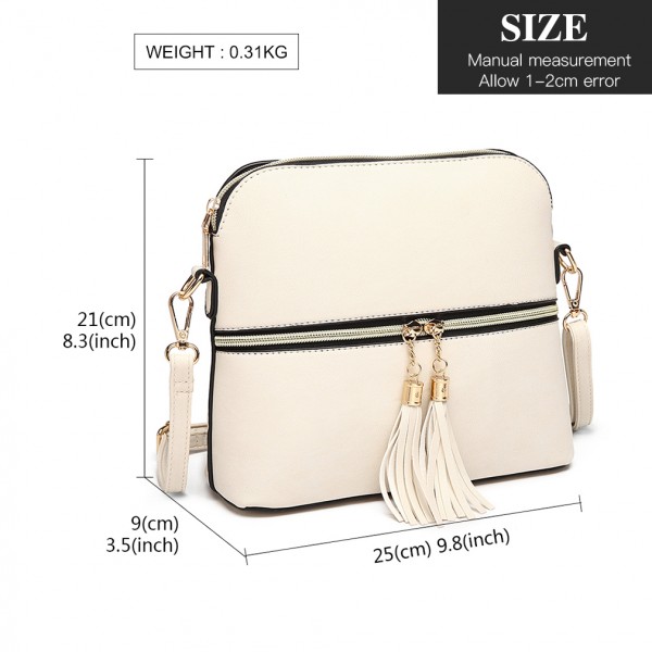 LB1938 - MISS LULU LEATHER LOOK DUAL ZIPPER CROSS BODY BAG - BEIGE
