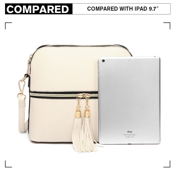 LB1938 - MISS LULU LEATHER LOOK DUAL ZIPPER CROSS BODY BAG - BEIGE