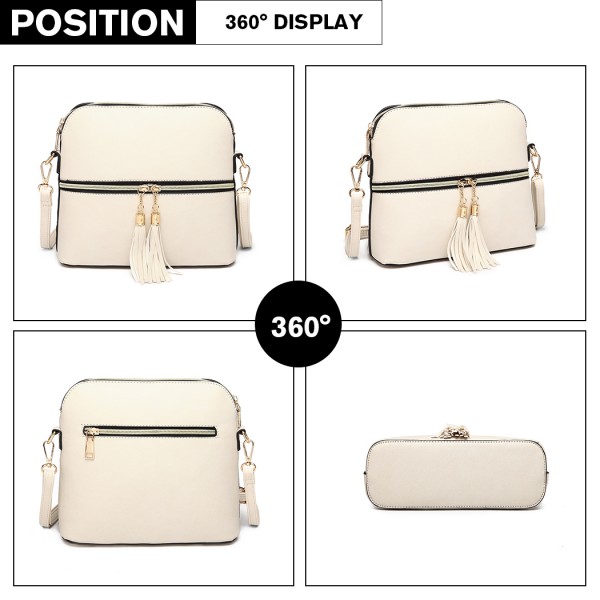 LB1938 - MISS LULU LEATHER LOOK DUAL ZIPPER CROSS BODY BAG - BEIGE
