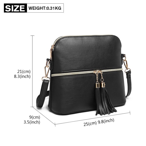 LB1938 - MISS LULU LEATHER LOOK DUAL ZIPPER CROSS BODY BAG - BLACK