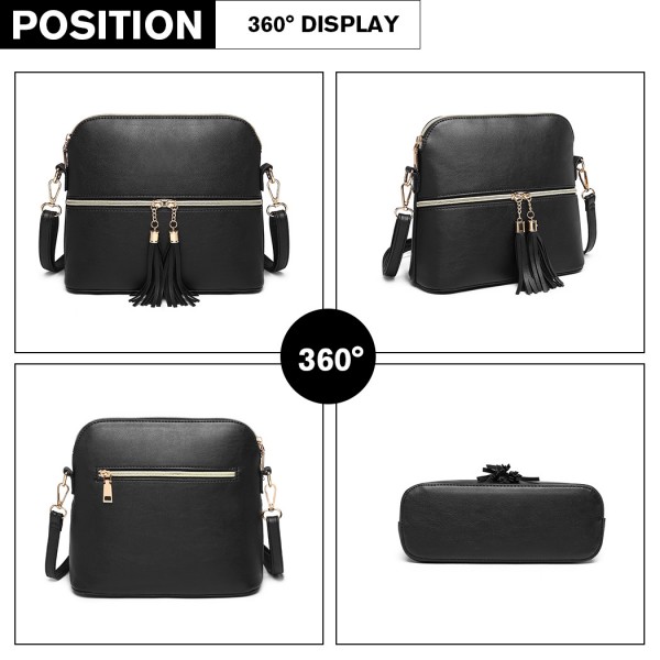LB1938 - MISS LULU LEATHER LOOK DUAL ZIPPER CROSS BODY BAG - BLACK