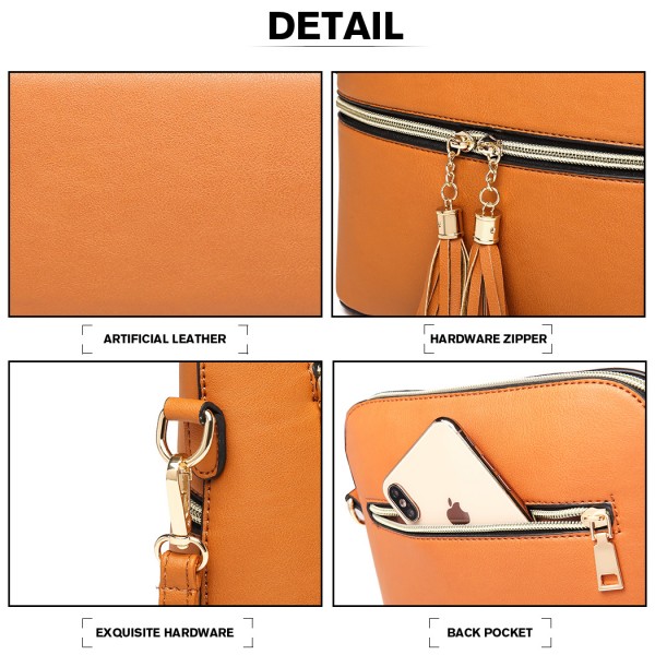 LB1938 - MISS LULU LEATHER LOOK DUAL ZIPPER CROSS BODY BAG - BROWN