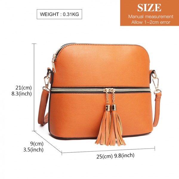 LB1938 - MISS LULU LEATHER LOOK DUAL ZIPPER CROSS BODY BAG - BROWN