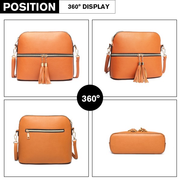 LB1938 - MISS LULU LEATHER LOOK DUAL ZIPPER CROSS BODY BAG - BROWN