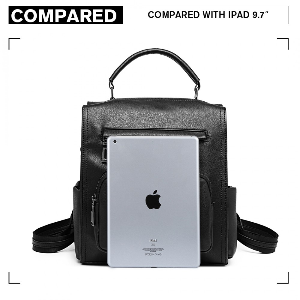 LB1967 Miss Lulu Leather Look Multiway Backpack Shoulder Bag Black