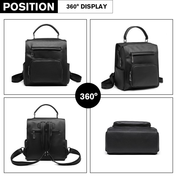 LB1967 - Miss Lulu Leather Look Multi-way Backpack Shoulder Bag - Black LB1967 - Miss Lulu Leather Look Multi-way Backpack Shoulder Bag - Black