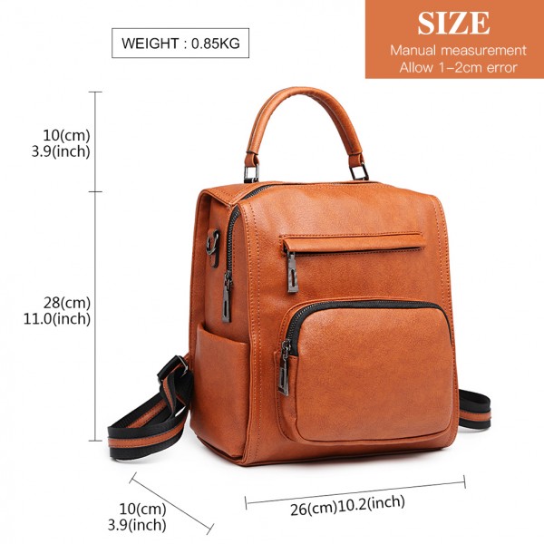 LB1967 - Miss Lulu Leather Look Multi-way Backpack Shoulder Bag - Brown