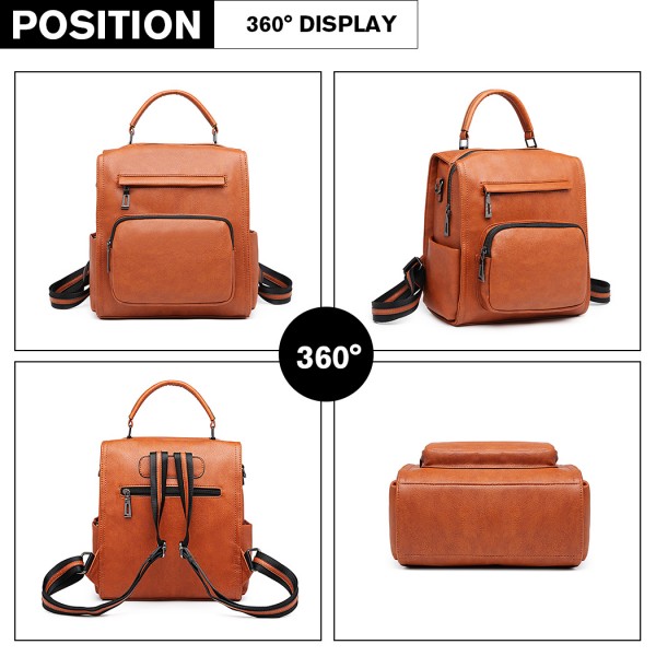 LB1967 - Miss Lulu Leather Look Multi-way Backpack Shoulder Bag - Brown