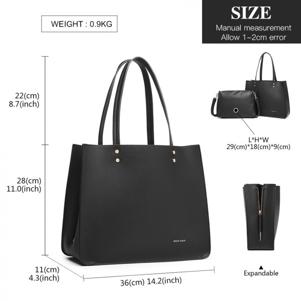 LB1969 - Miss Lulu 2 Piece Handbag and Cross Body Bag Set - Black