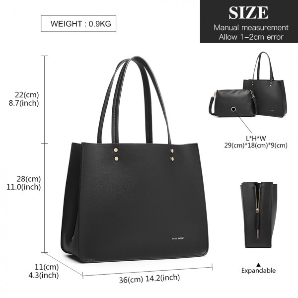 LB1969 - Miss Lulu 2 Piece Handbag and Cross Body Bag Set - Black LB1969 - Miss Lulu 2 Piece Handbag and Cross Body Bag Set - Black