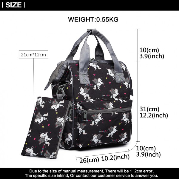 LB6896 - Miss Lulu Child's Unicorn Backpack with Pencil Case - Black