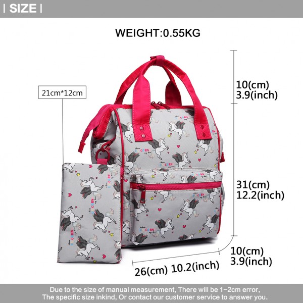LB6896 - Miss Lulu Child's Unicorn Backpack with Pencil Case - Grey