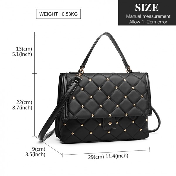 LB6908 - Miss Lulu Studded Quilted Shoulder Handbag - Black