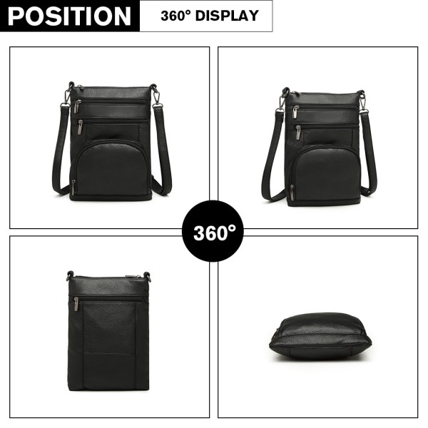 LB6927 - Miss Lulu Multi Pocket Leather Look RFID-Blocking Cross Body Bag - Black