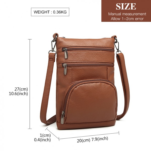 LB6927 - Miss Lulu Multi Pocket Leather Look RFID-Blocking Cross Body Bag - Brown LB6927 - Miss Lulu Multi Pocket Leather Look RFID-Blocking Cross Body Bag - Brown