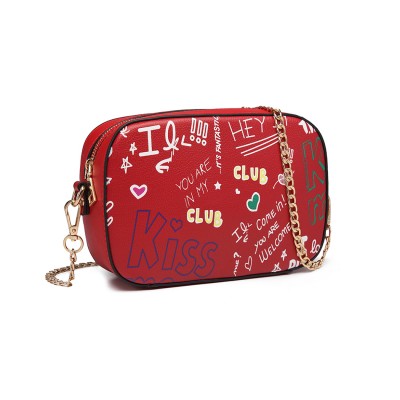 LD1838-MISS LULU PU LEATHER GRAFFITI CHAIN SHOULDER BAG RED