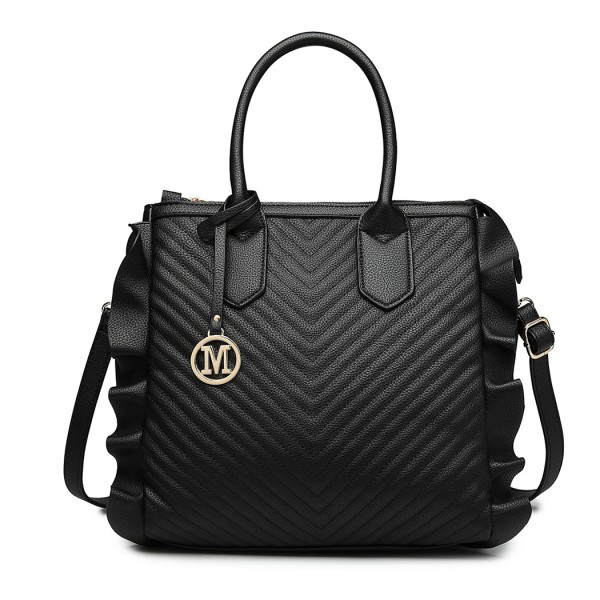 LD1842-MISS LULU FAUX LEATHER QUILTED TWILL TOTE HANDBAGS BLACK
