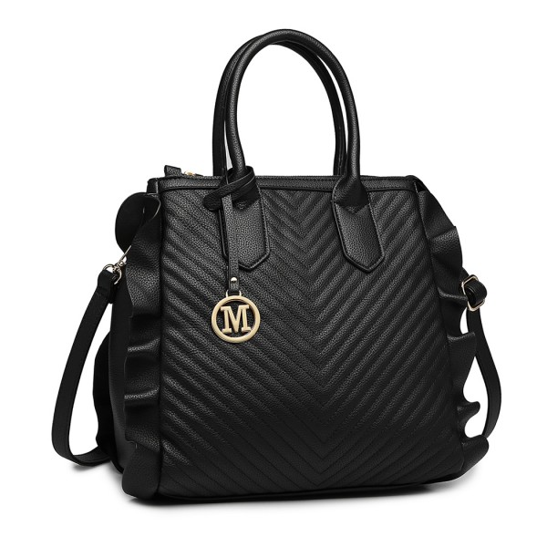 LD1842-MISS LULU FAUX LEATHER QUILTED TWILL TOTE HANDBAGS BLACK
