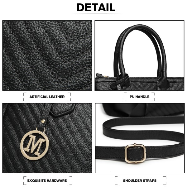 LD1842-MISS LULU FAUX LEATHER QUILTED TWILL TOTE HANDBAGS BLACK