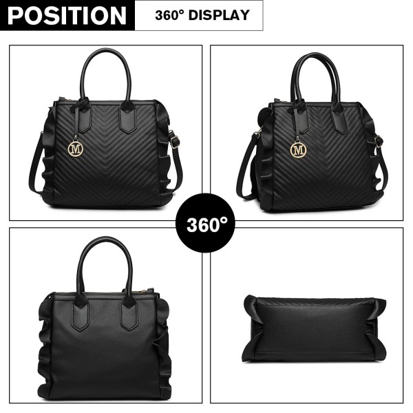 LD1842-MISS LULU FAUX LEATHER QUILTED TWILL TOTE HANDBAGS BLACK