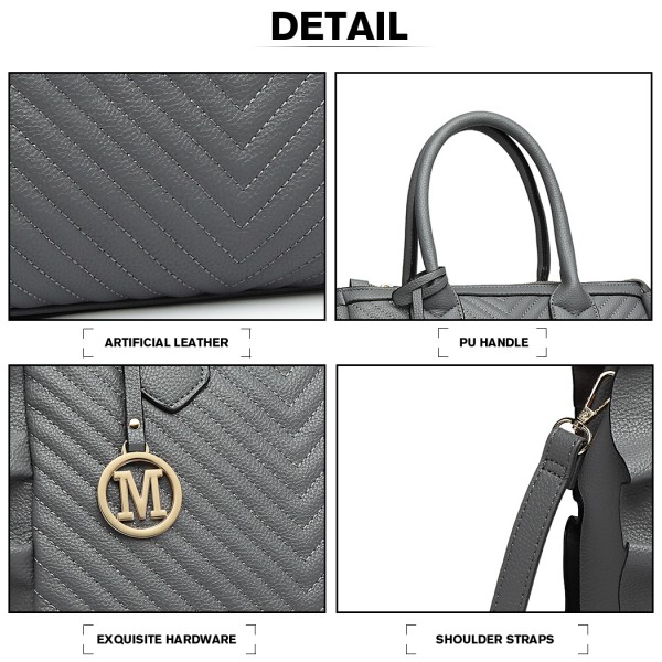 LD1842-MISS LULU FAUX LEATHER QUILTED TWILL TOTE HANDBAGS GREY LD1842-MISS LULU FAUX LEATHER QUILTED TWILL TOTE HANDBAGS GREY