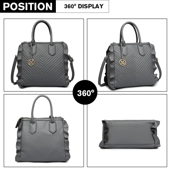 LD1842-MISS LULU FAUX LEATHER QUILTED TWILL TOTE HANDBAGS GREY LD1842-MISS LULU FAUX LEATHER QUILTED TWILL TOTE HANDBAGS GREY