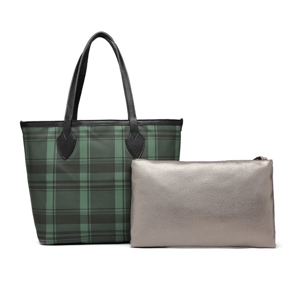 LD6825 - Miss Lulu Check Pattern Reversible 2 Piece Tote and Clutch Bag Set - Green LD6825 - Miss Lulu Check Pattern Reversible 2 Piece Tote and Clutch Bag Set - Green