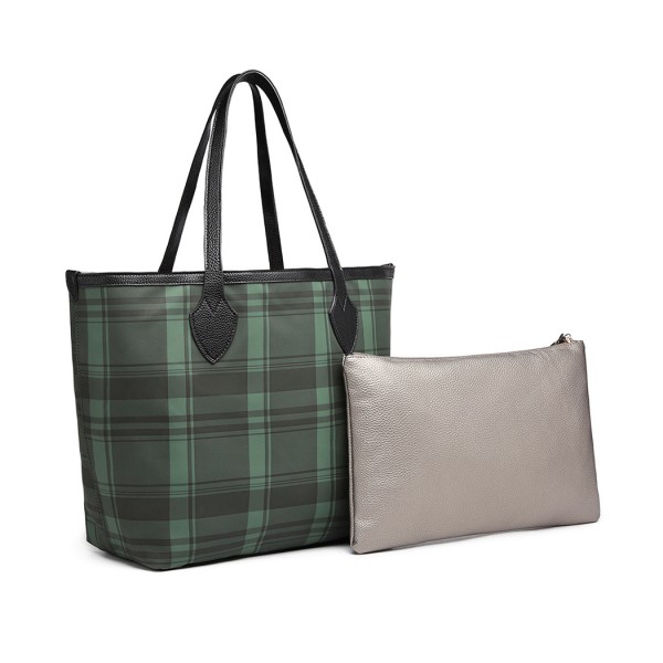 LD6825 - Miss Lulu Check Pattern Reversible 2 Piece Tote and Clutch Bag Set - Green LD6825 - Miss Lulu Check Pattern Reversible 2 Piece Tote and Clutch Bag Set - Green
