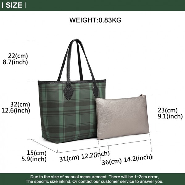 LD6825 - Miss Lulu Check Pattern Reversible 2 Piece Tote and Clutch Bag Set - Green LD6825 - Miss Lulu Check Pattern Reversible 2 Piece Tote and Clutch Bag Set - Green