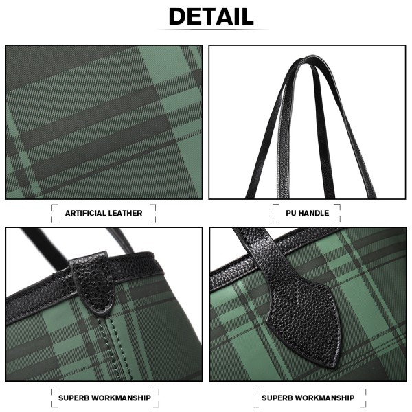LD6825 - Miss Lulu Check Pattern Reversible 2 Piece Tote and Clutch Bag Set - Green LD6825 - Miss Lulu Check Pattern Reversible 2 Piece Tote and Clutch Bag Set - Green