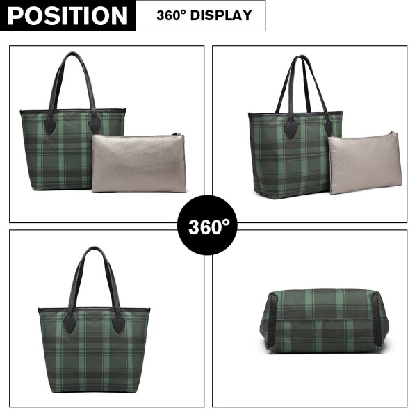 LD6825 - Miss Lulu Check Pattern Reversible 2 Piece Tote and Clutch Bag Set - Green LD6825 - Miss Lulu Check Pattern Reversible 2 Piece Tote and Clutch Bag Set - Green