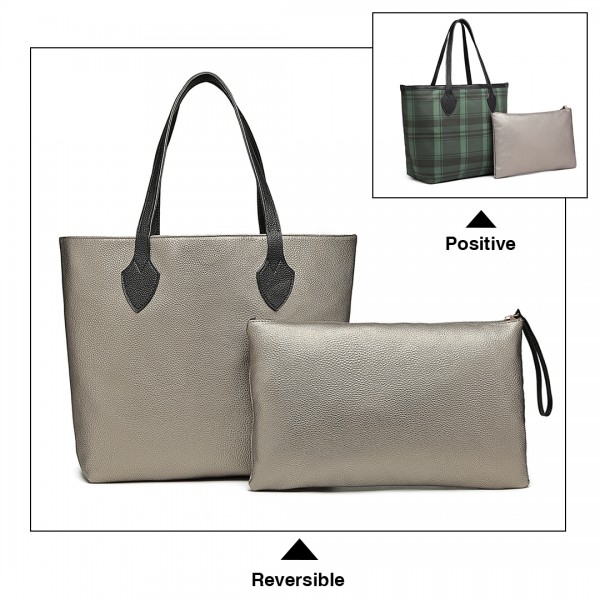 LD6825 - Miss Lulu Check Pattern Reversible 2 Piece Tote and Clutch Bag Set - Green LD6825 - Miss Lulu Check Pattern Reversible 2 Piece Tote and Clutch Bag Set - Green