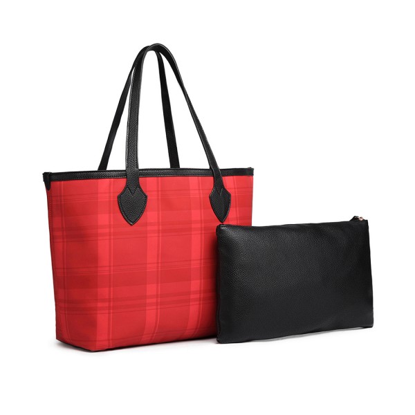 LD6825 - Miss Lulu Check Pattern Reversible 2 Piece Tote and Clutch Bag Set - Red