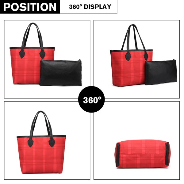 LD6825 - Miss Lulu Check Pattern Reversible 2 Piece Tote and Clutch Bag Set - Red LD6825 - Miss Lulu Check Pattern Reversible 2 Piece Tote and Clutch Bag Set - Red