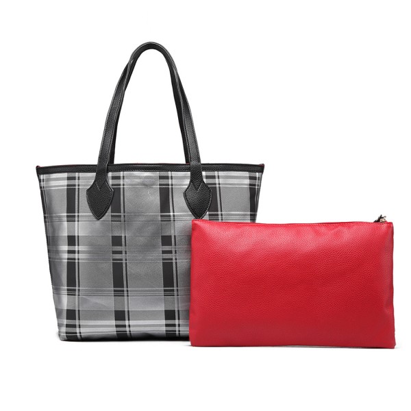 LD6825 - Miss Lulu Check Pattern Reversible 2 Piece Tote and Clutch Bag Set - Silver