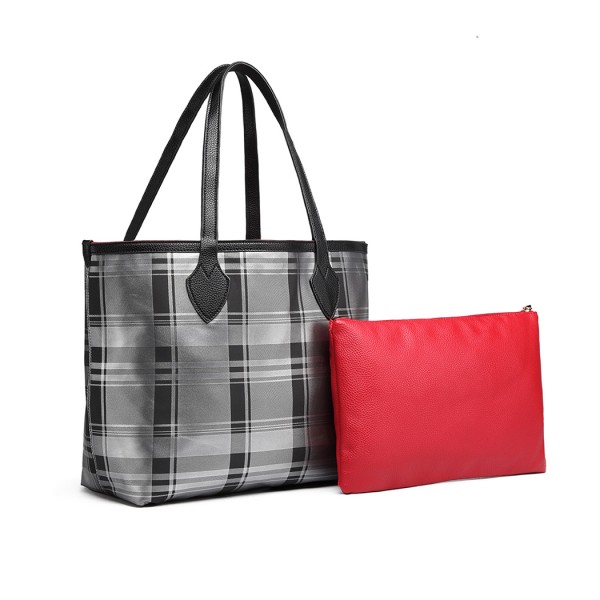 LD6825 - Miss Lulu Check Pattern Reversible 2 Piece Tote and Clutch Bag Set - Silver